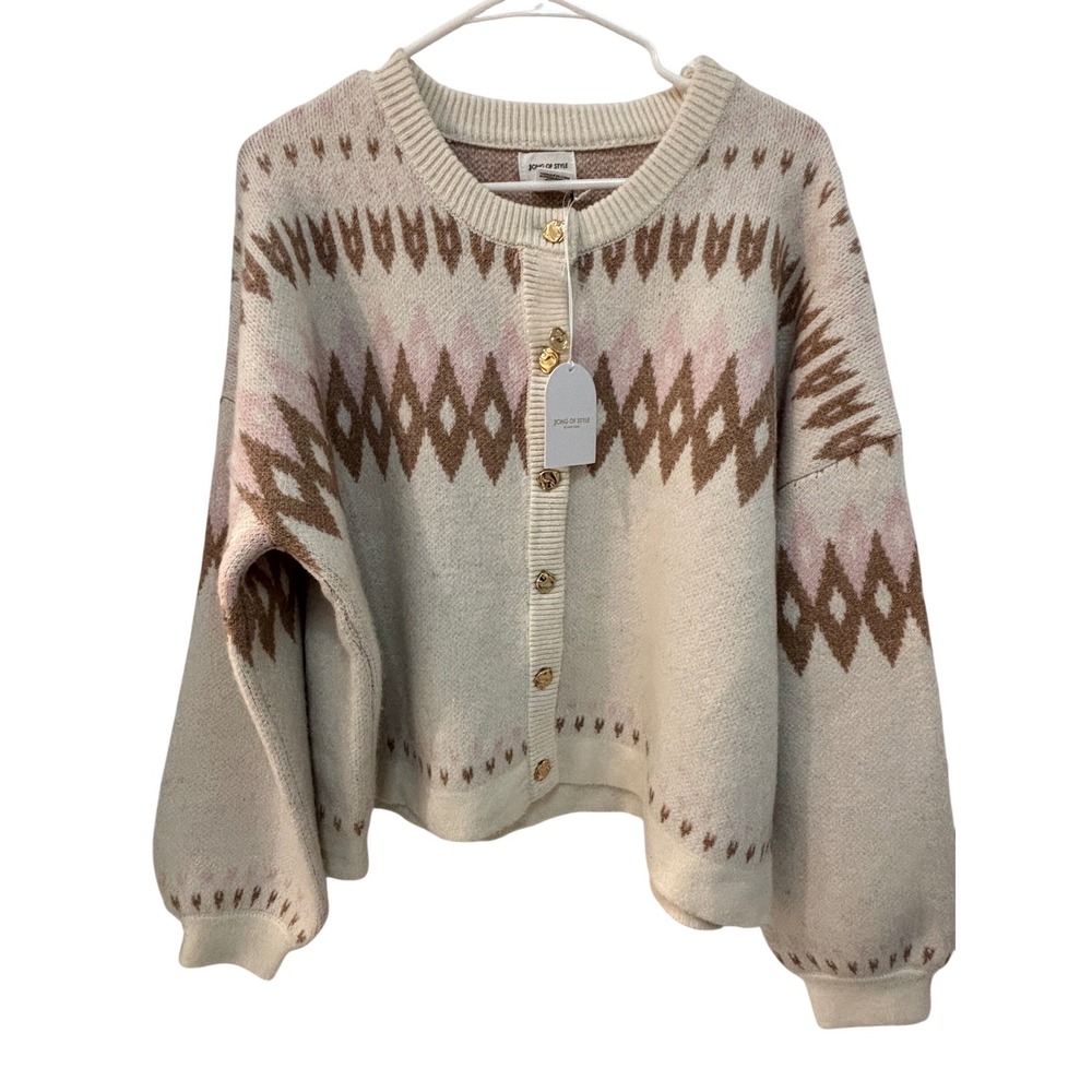 Song of Style Aimee Song Cream Geometric Diamond Knit Cardigan Large‎ NWT